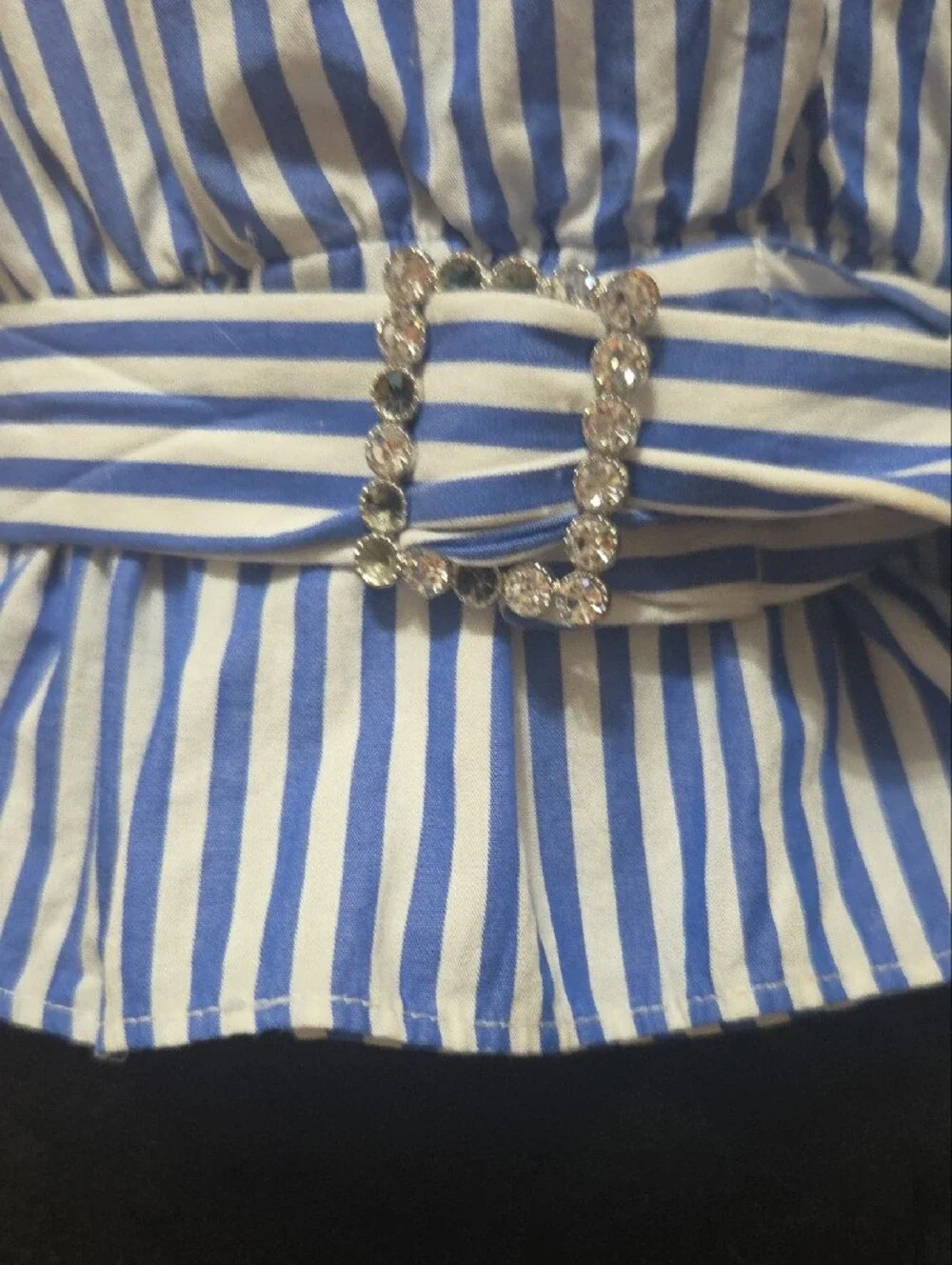 ZARA Blue and White Vertical-Striped Faux Wrap Blouse with Puff Sleeves - Medium